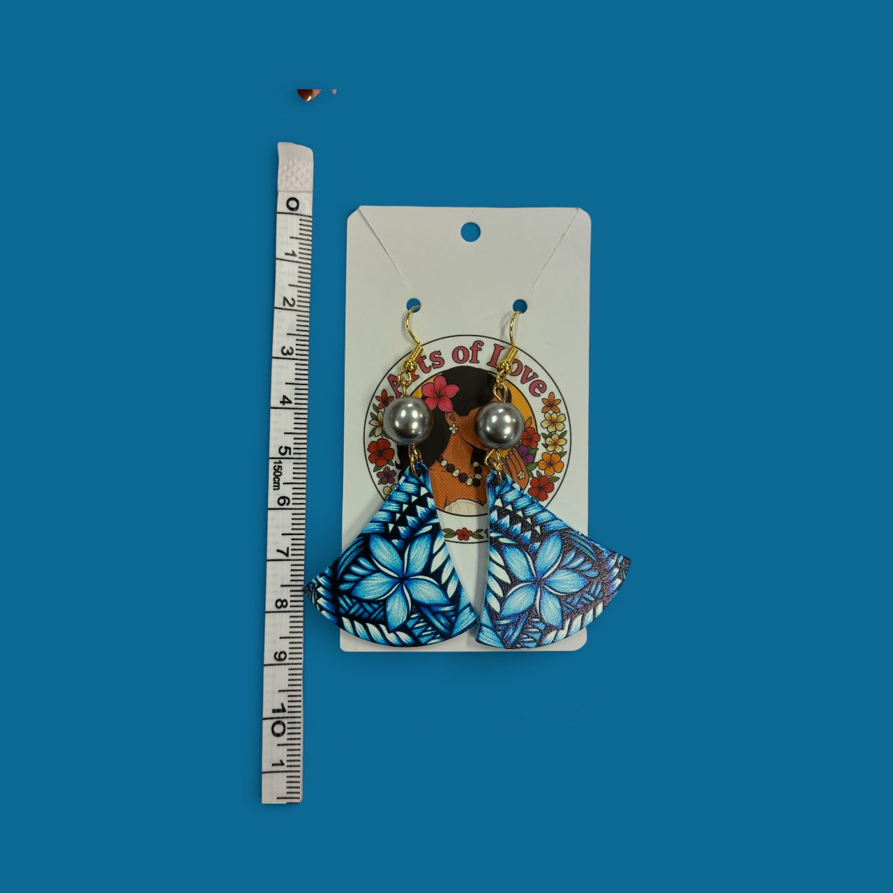 Blue Plumeria Fan Earrings with Tahitian Pearl Accent (Light Blue AOLED001)