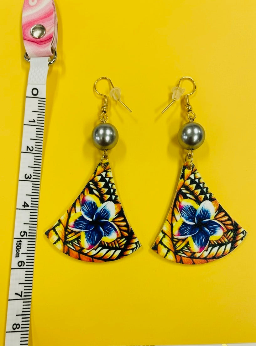 Tropical Sunset Plumeria Fan Earrings with Pearl Accent (Golden Blue AOLED003)