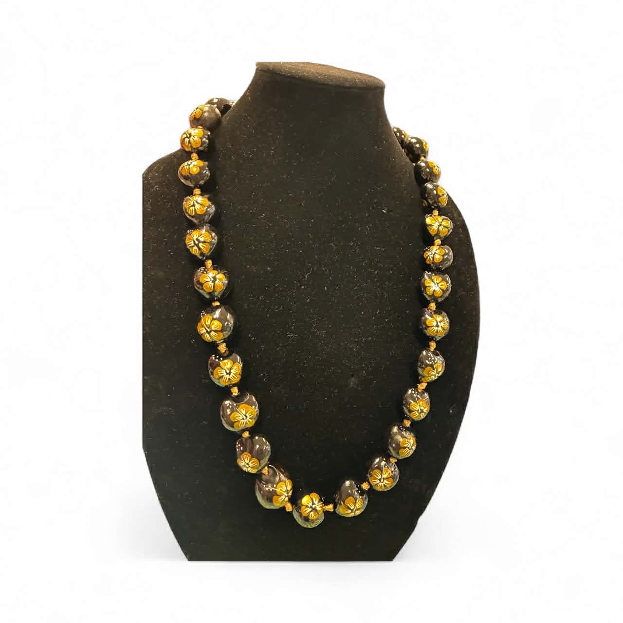 Authentic Kukui Nut Necklace 32” – Hawaiian Lei Jewelry | Black with gold center floral