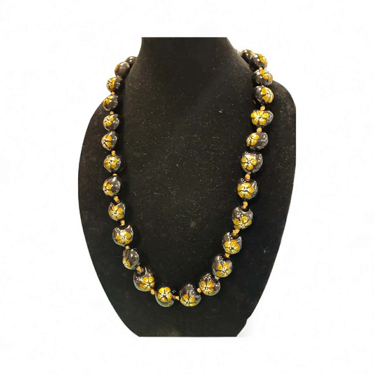Authentic Kukui Nut Necklace 32” – Hawaiian Lei Jewelry | Black with gold center floral