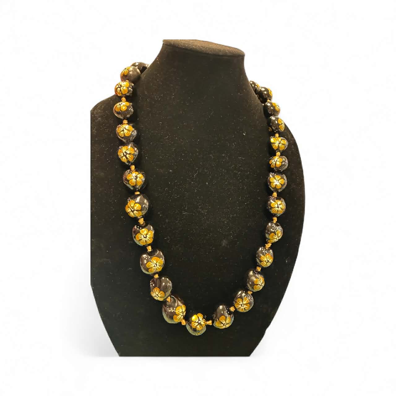 Authentic Kukui Nut Necklace 32” – Hawaiian Lei Jewelry | Black with gold center floral