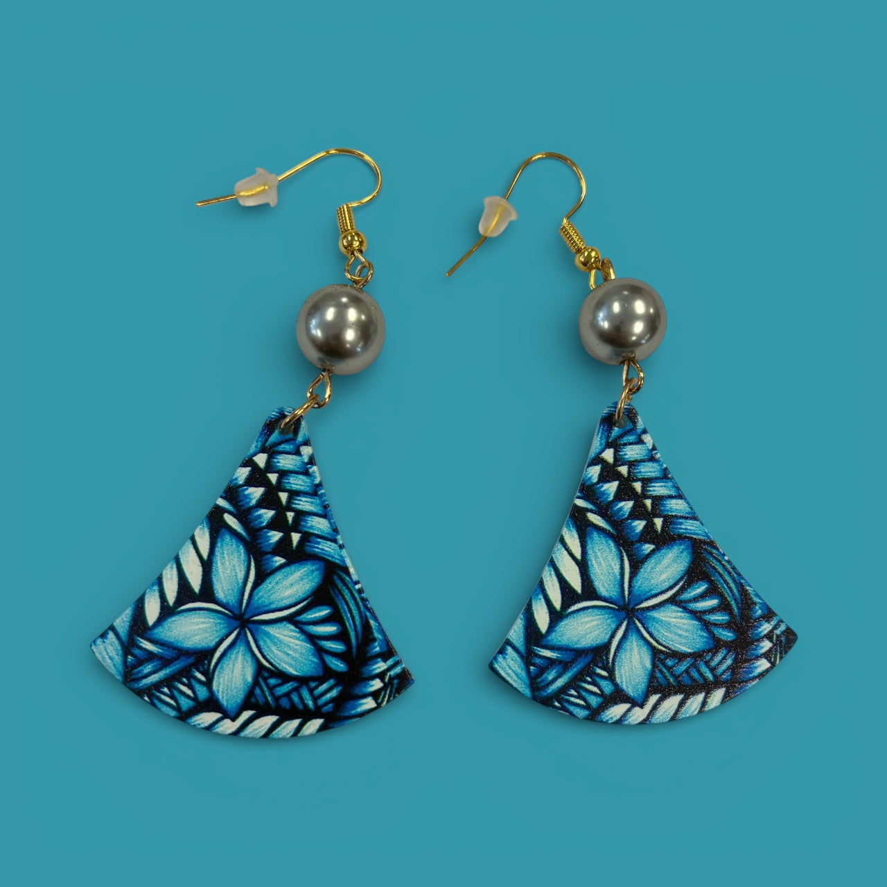Blue Plumeria Fan Earrings with Tahitian Pearl Accent (Light Blue AOLED001)