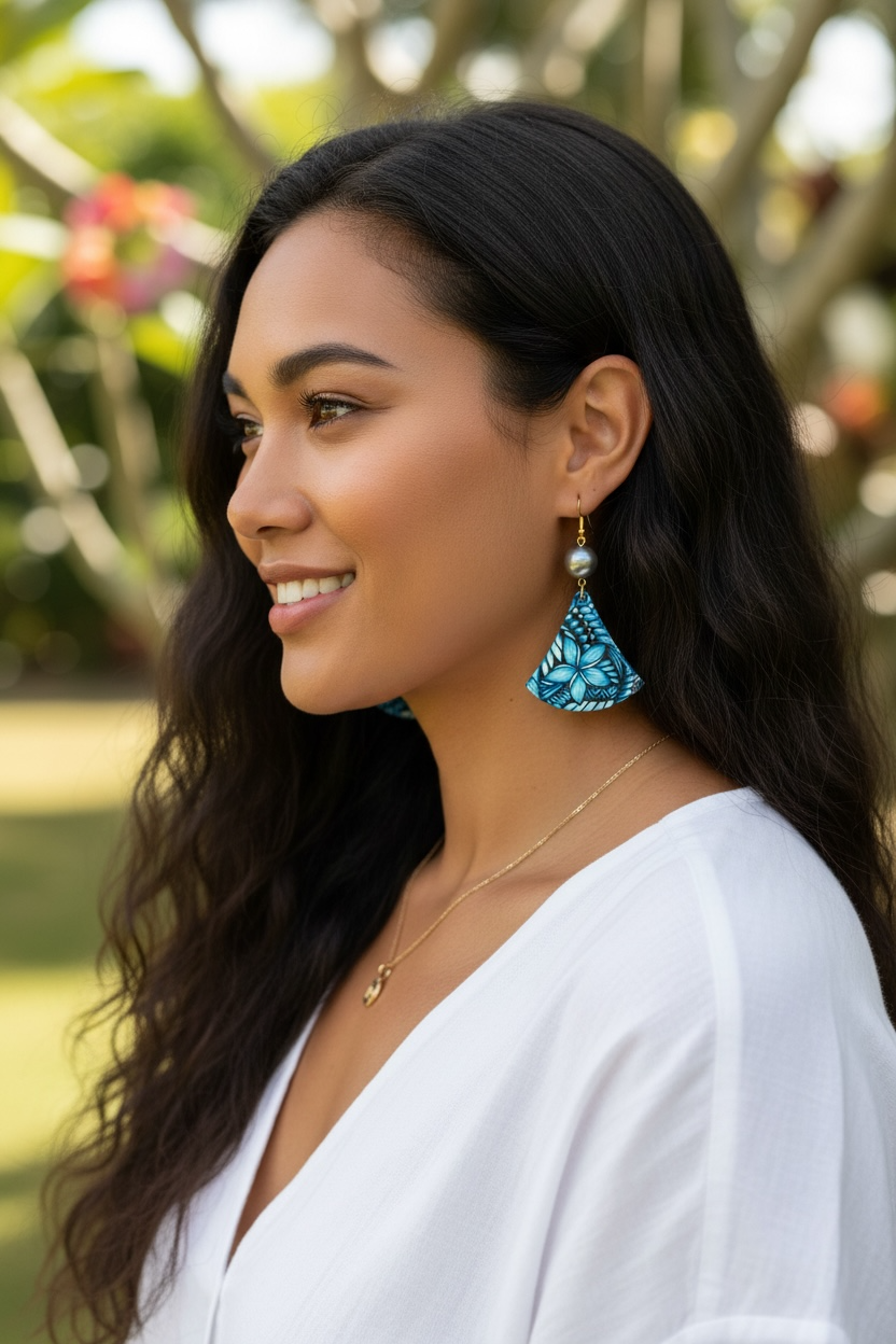 Blue Plumeria Fan Earrings with Tahitian Pearl Accent (Light Blue AOLED001)