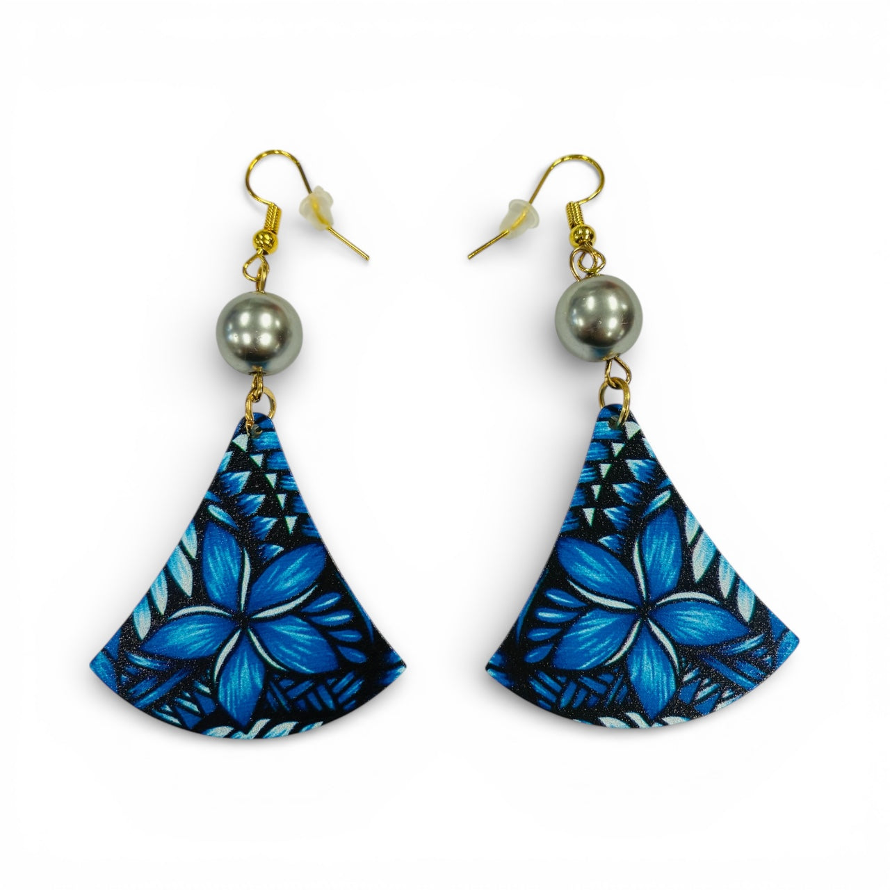Blue Plumeria Fan Earrings with Tahitian Pearl Accent (Dark Blue AOLED002)