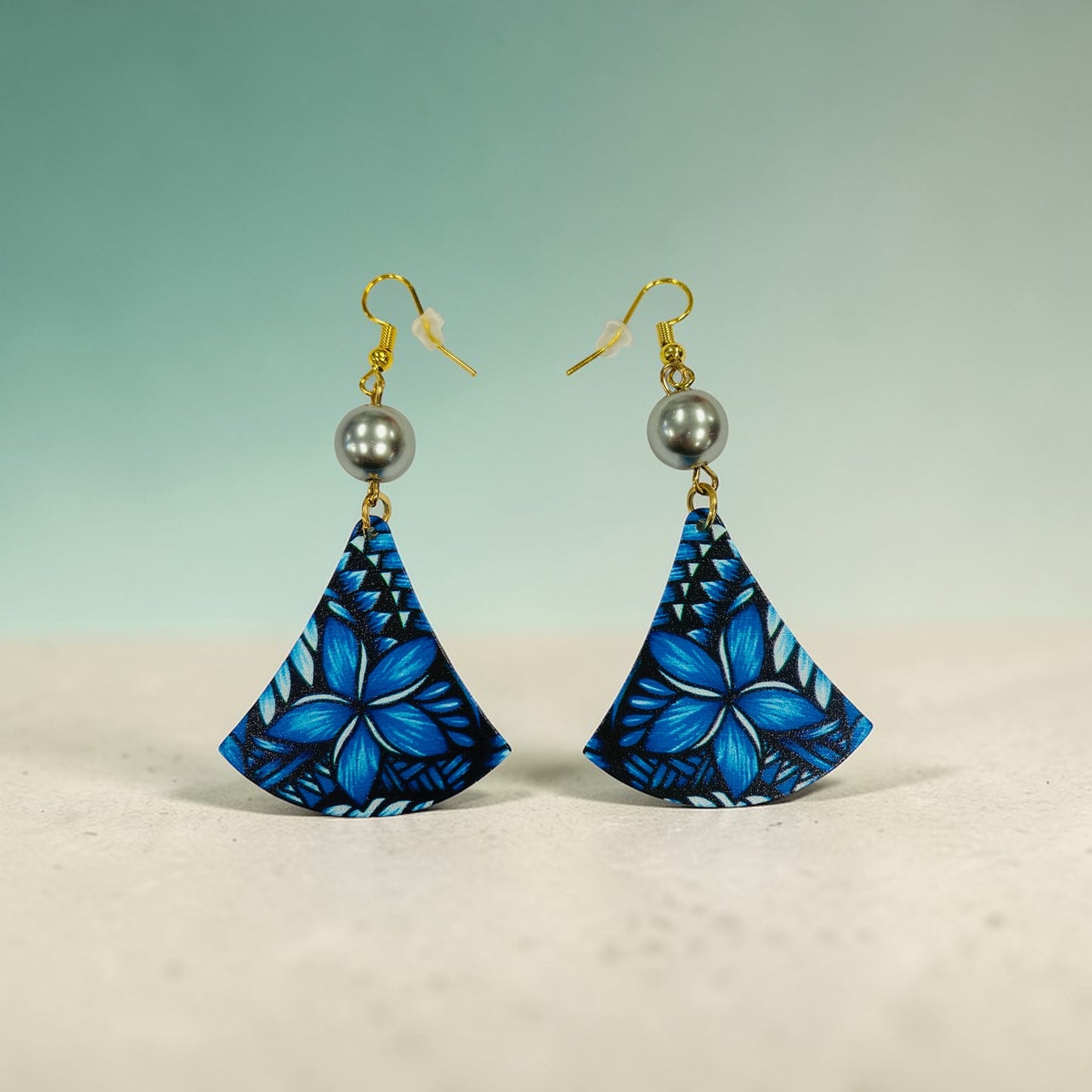 Blue Plumeria Fan Earrings with Tahitian Pearl Accent (Dark Blue AOLED002)