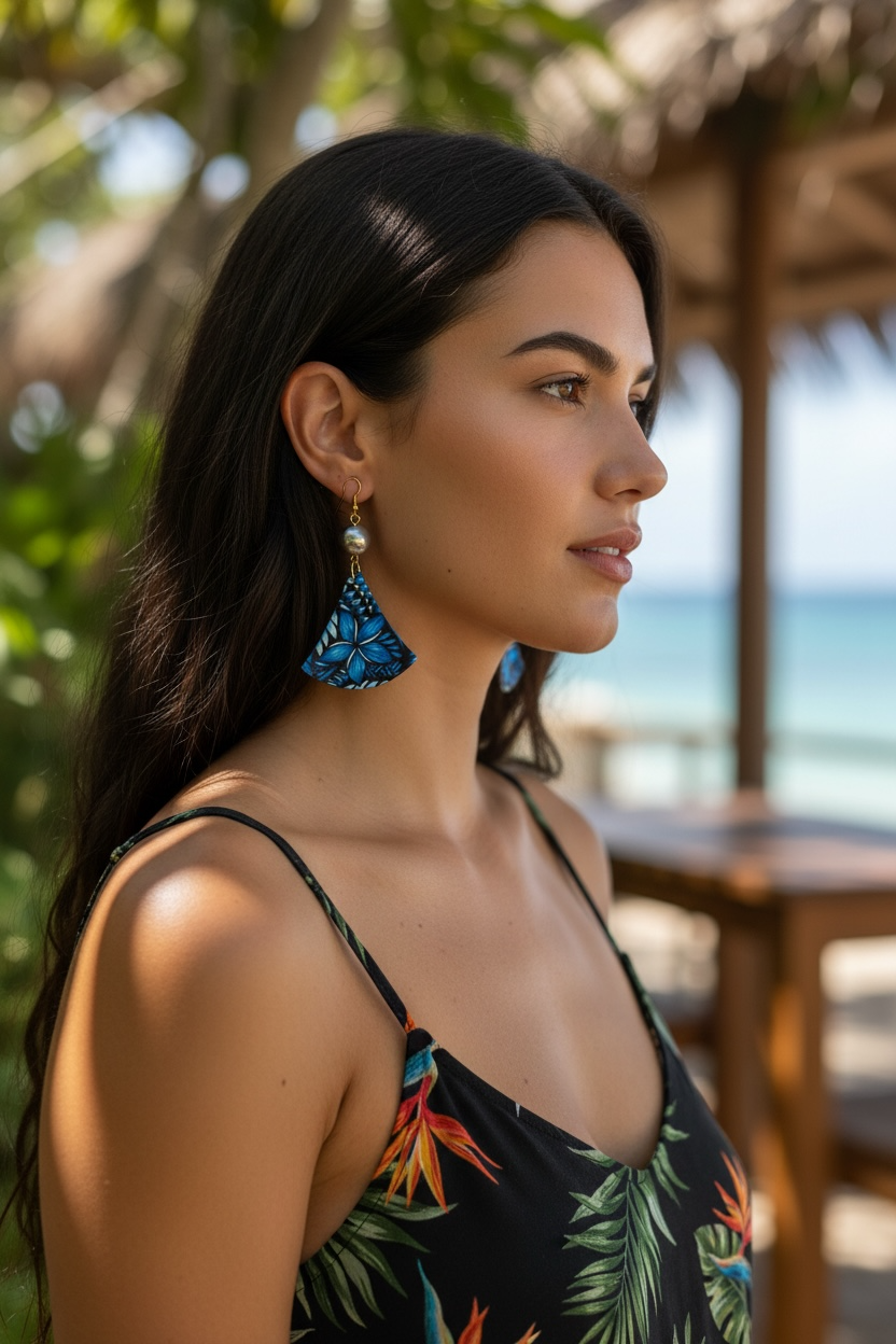 Blue Plumeria Fan Earrings with Tahitian Pearl Accent (Dark Blue AOLED002)
