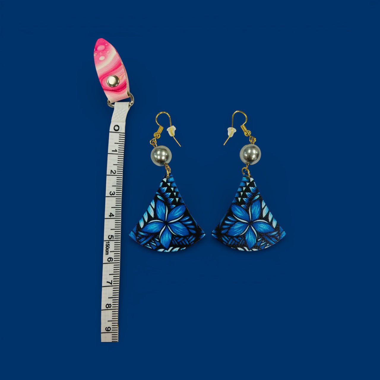 Blue Plumeria Fan Earrings with Tahitian Pearl Accent (Dark Blue AOLED002)