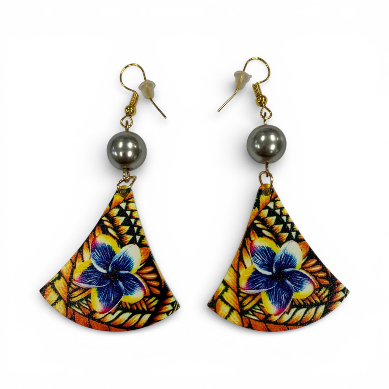 Tropical Sunset Plumeria Fan Earrings with Pearl Accent (Golden Blue AOLED003)