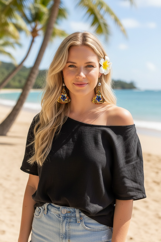 Tropical Sunset Plumeria Fan Earrings with Pearl Accent (Golden Blue AOLED003)