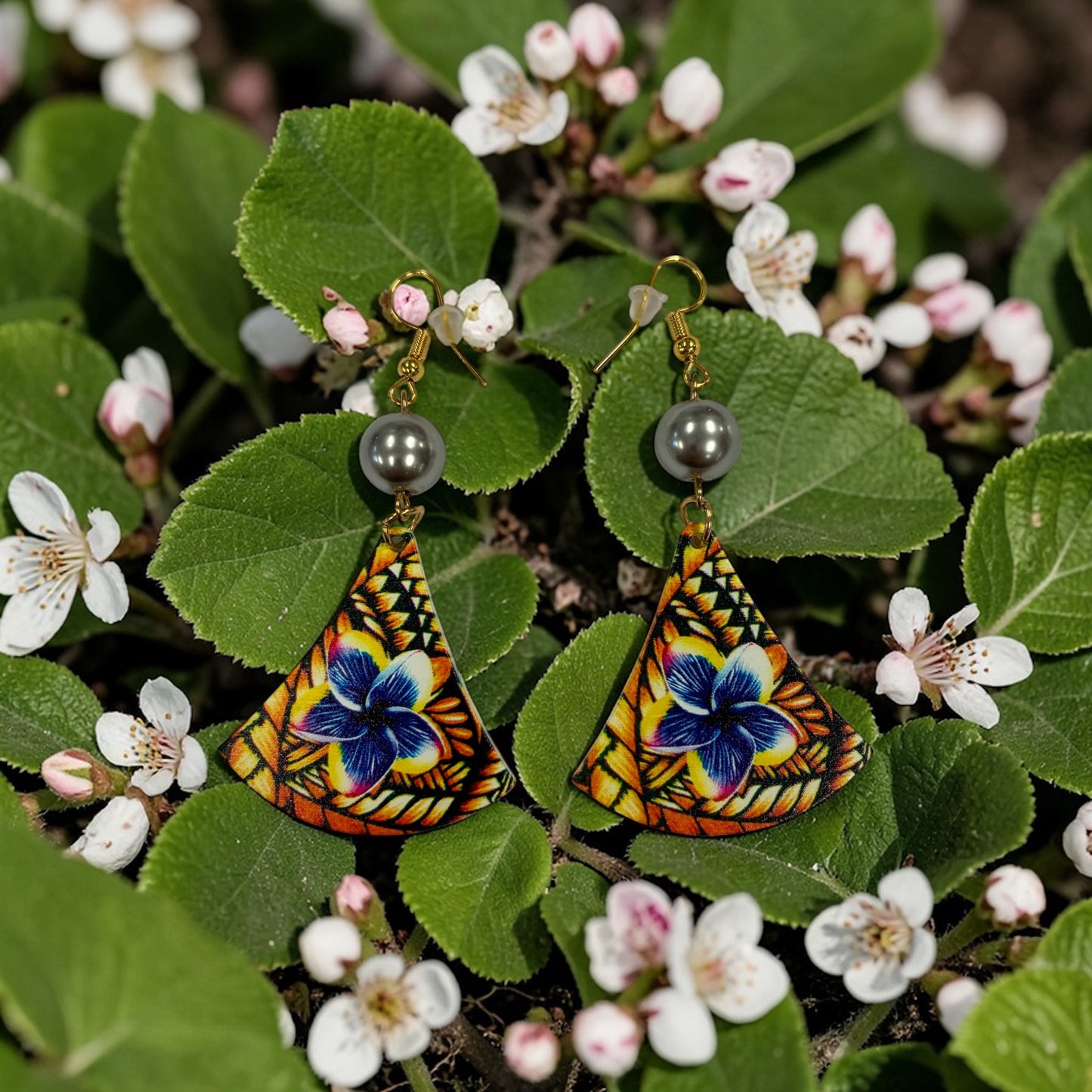 Tropical Sunset Plumeria Fan Earrings with Pearl Accent (Golden Blue AOLED003)