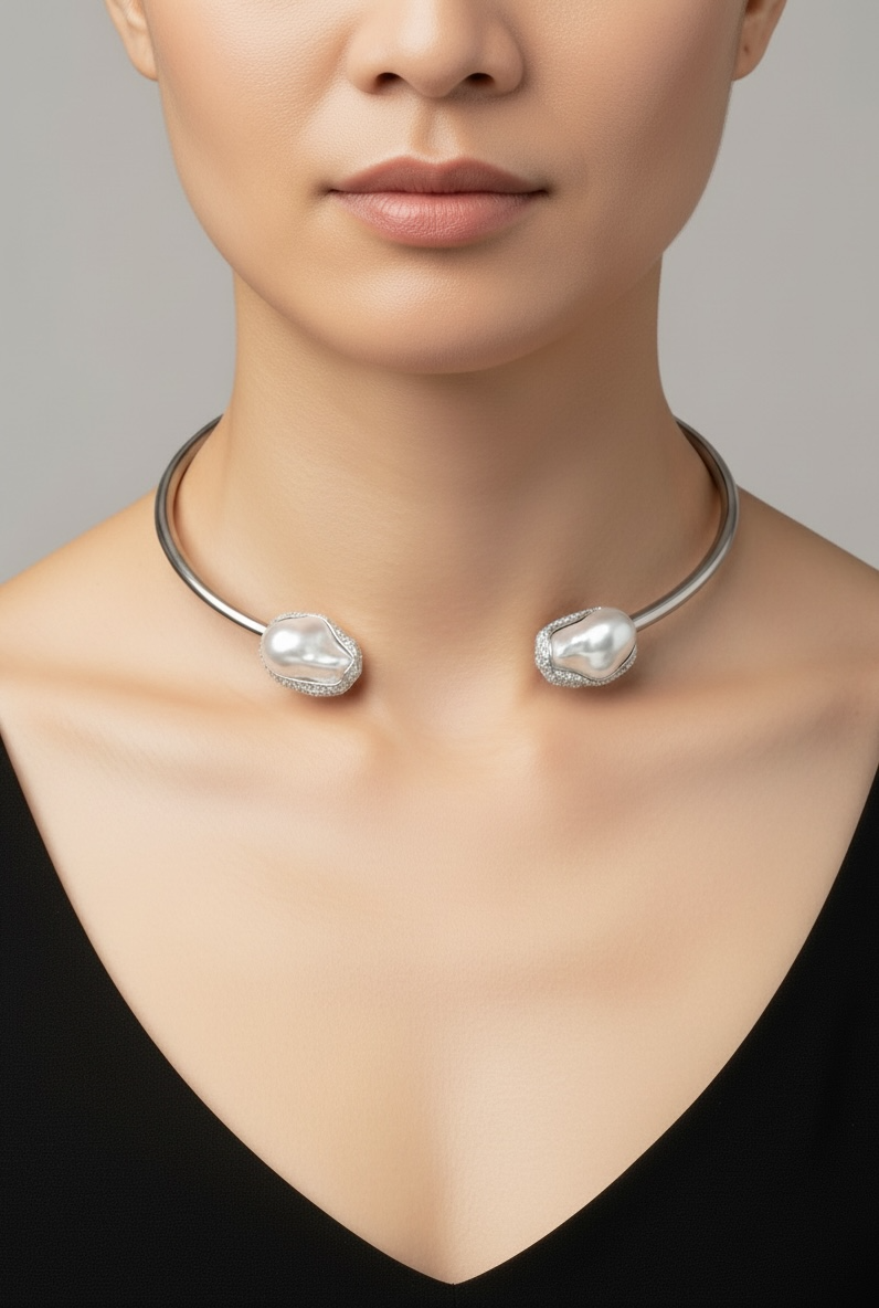 Baroque Pearl Open Choker Necklace | Fashion Silver Finish (BPOCNSF01)