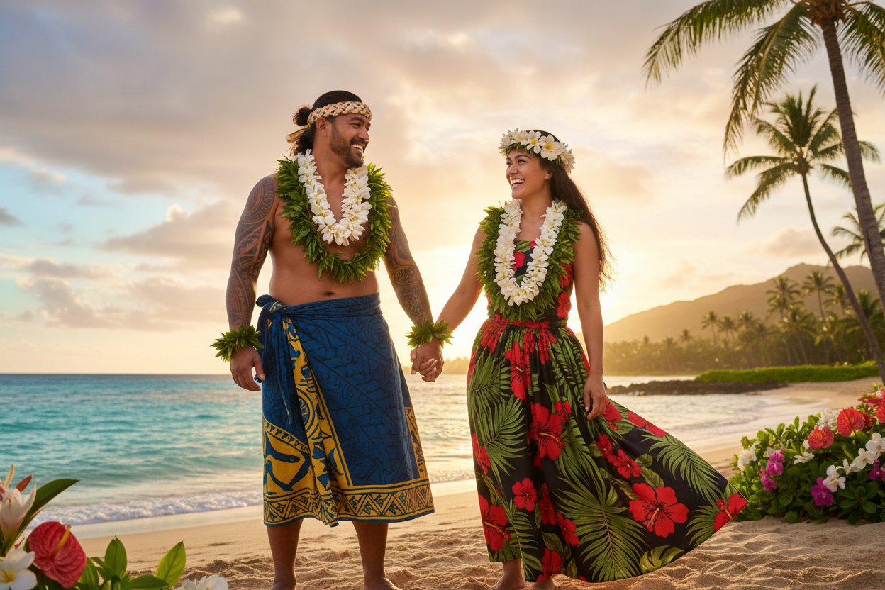 Polynesian couple in Hawaii Happy together in traditional costume